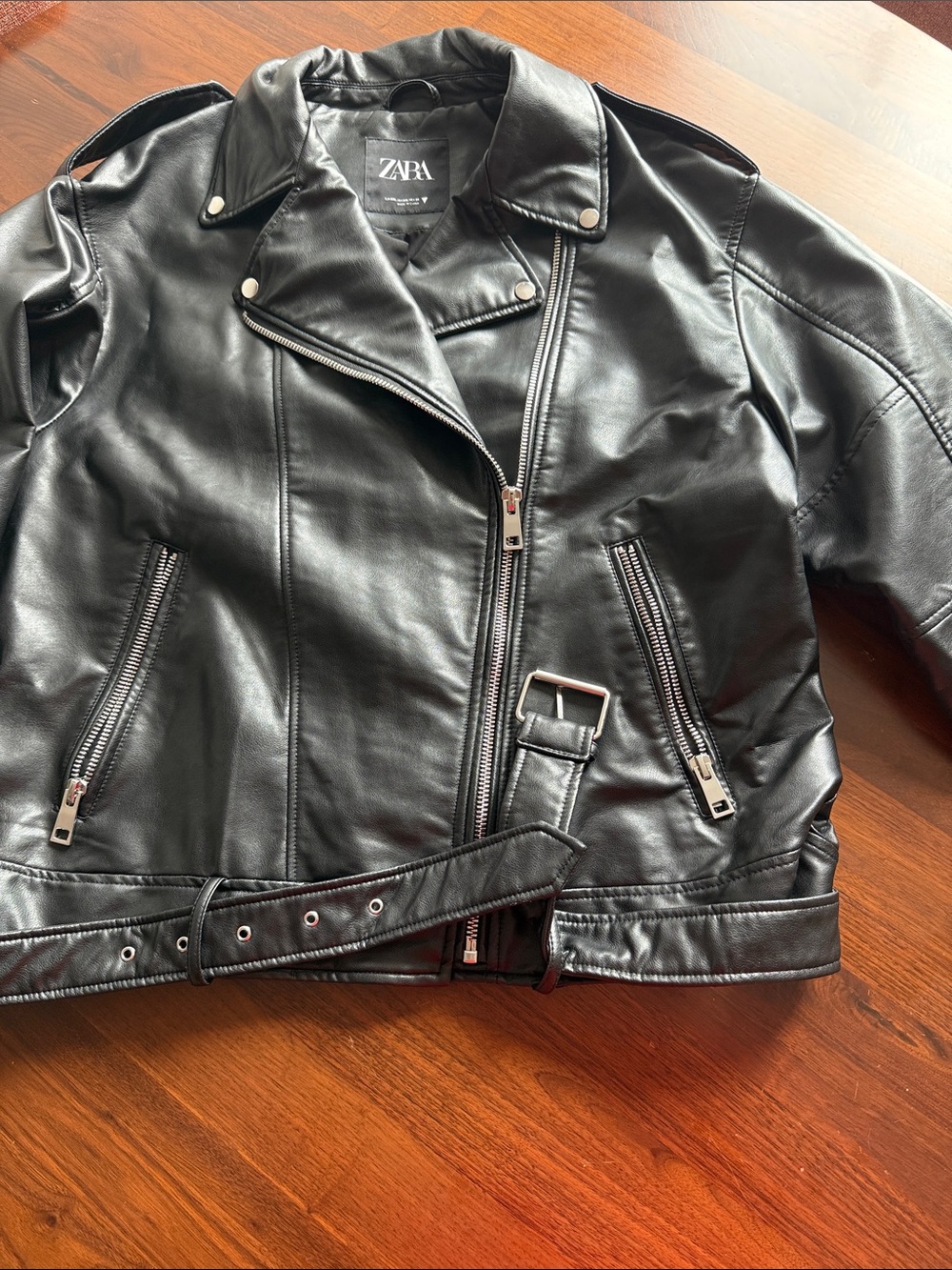 ZARA woman - Black Faux Leather Biker Jacket with Belt - XXL